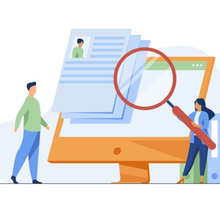 Tiny HR manager looking for candidate for job Tiny HR manager looking for candidate for job. Interview, magnifier, computer screen flat vector illustration. Career and employment concept for banner, website design or landing web page